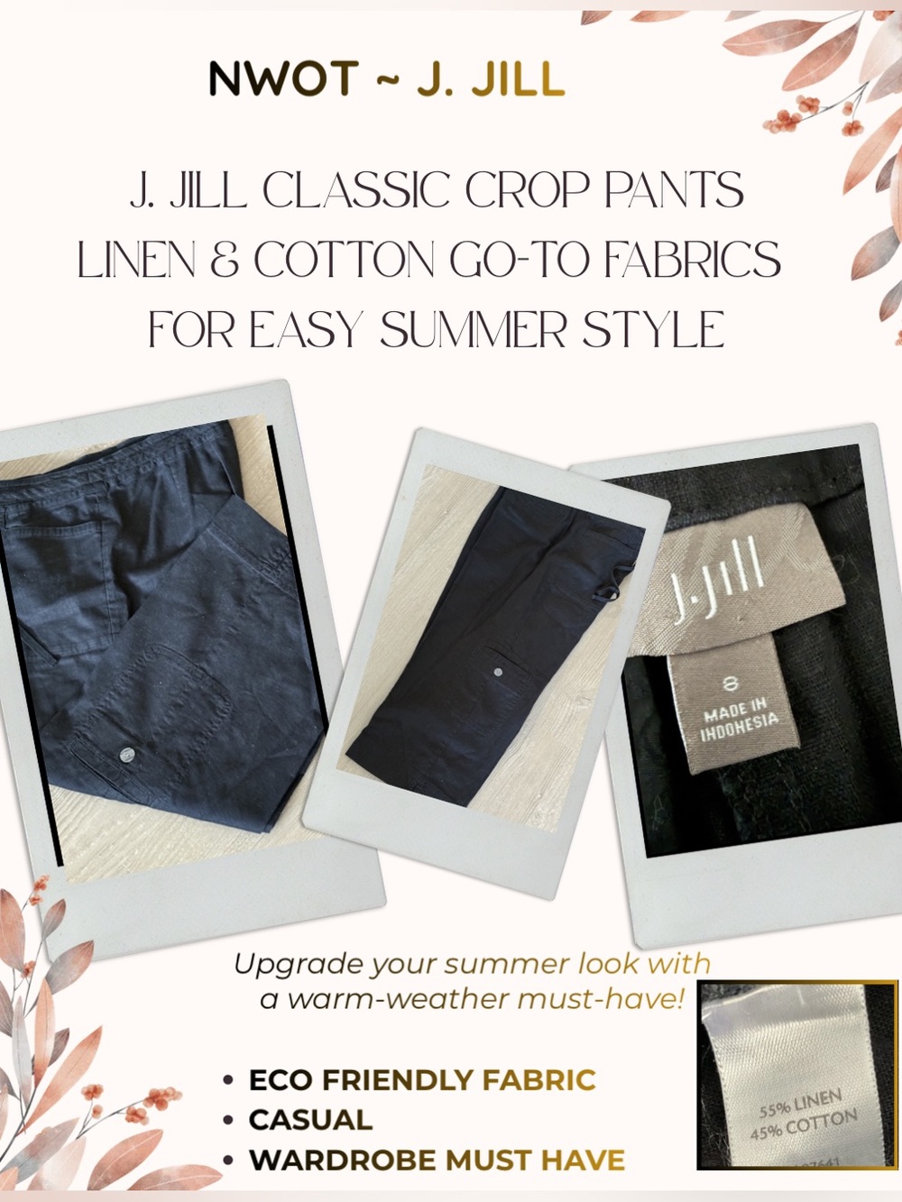 NWOT - J. Jill Cropped Black Linen & Cotton Pant ~ Women’s size 8